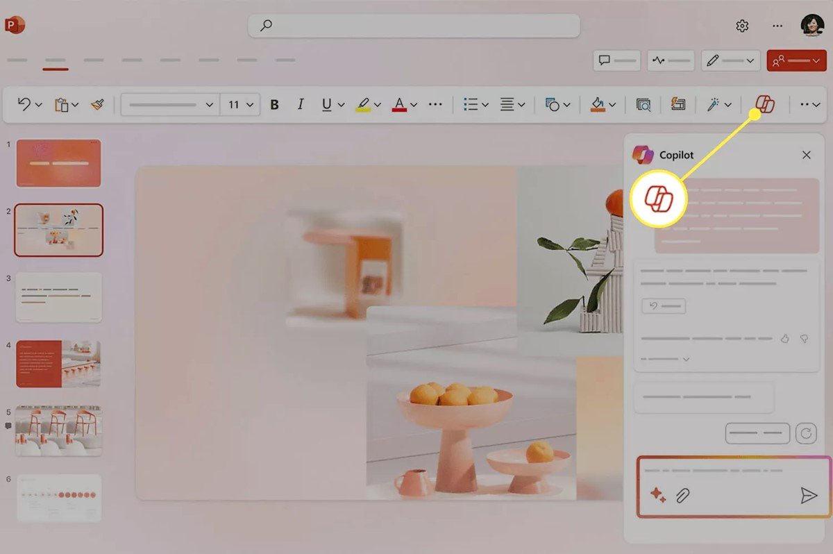 To use Copilot, open PowerPoint and click on the button in the upper right corner