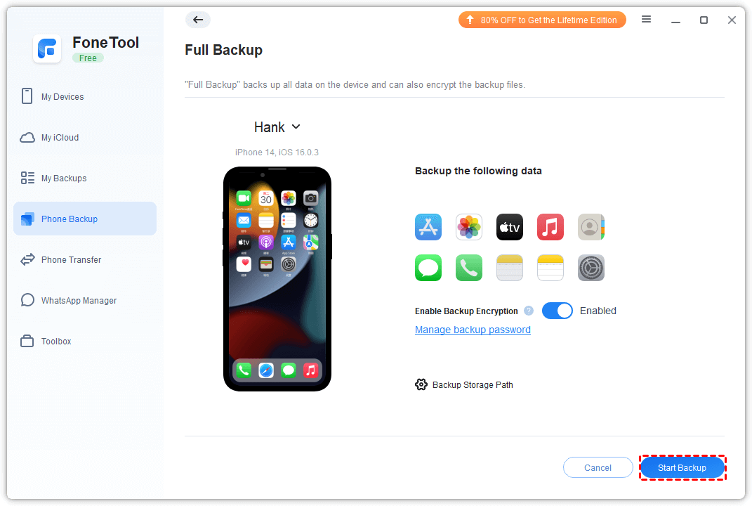 Click Start Backup to fully back up all iPhone data